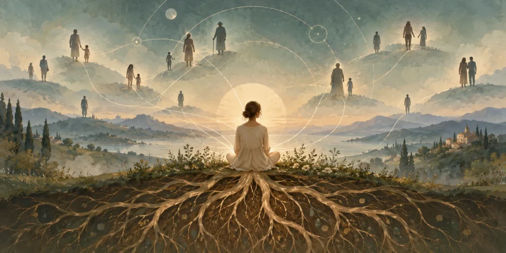Illustrazione concettuale delle costellazioni familiari sistemiche con una figura seduta, radici sotterranee e legami familiari rappresentati nel paesaggio