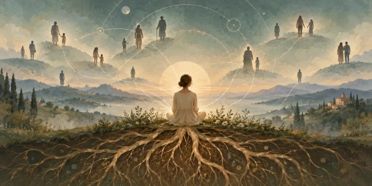 Illustrazione concettuale delle costellazioni familiari sistemiche con una figura seduta, radici sotterranee e legami familiari rappresentati nel paesaggio