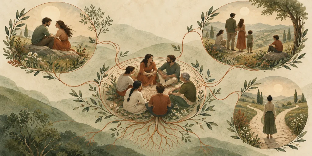 Illustrazione simbolica di un incontro di costellazioni familiari con tre diverse dinamiche relazionali rappresentate attraverso figure e fili.