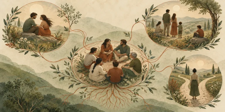 Illustrazione simbolica di un incontro di costellazioni familiari con tre diverse dinamiche relazionali rappresentate attraverso figure e fili.