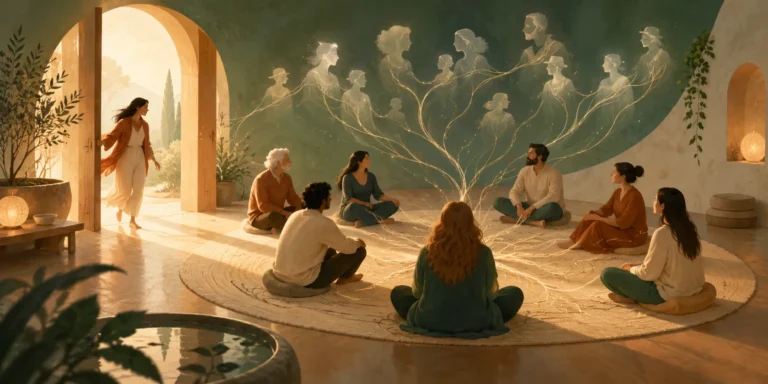 Illustrazione simbolica di un incontro di costellazioni familiari sistemiche: persone sedute in cerchio, unite da fili luminosi che rappresentano i legami familiari.