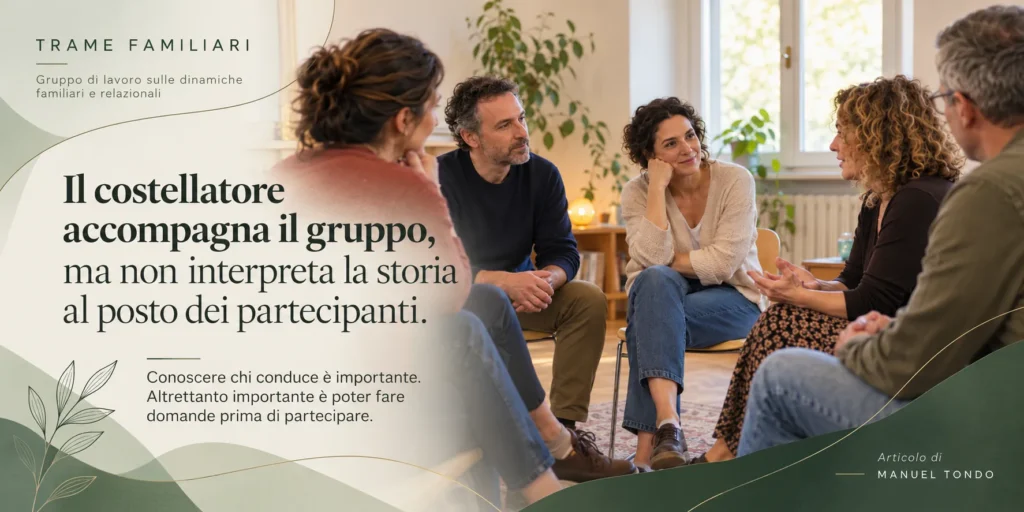 Conduttore e partecipanti durante un incontro di gruppo dedicato alle costellazioni familiari sistemiche.