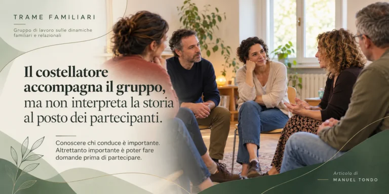 Conduttore e partecipanti durante un incontro di gruppo dedicato alle costellazioni familiari sistemiche.