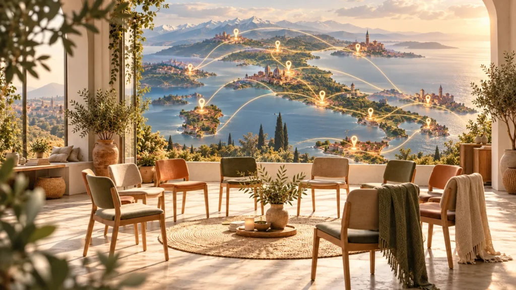 Sala accogliente con sedie in cerchio e rappresentazione simbolica delle città italiane collegate, per gli incontri itineranti di costellazioni familiari sistemiche.