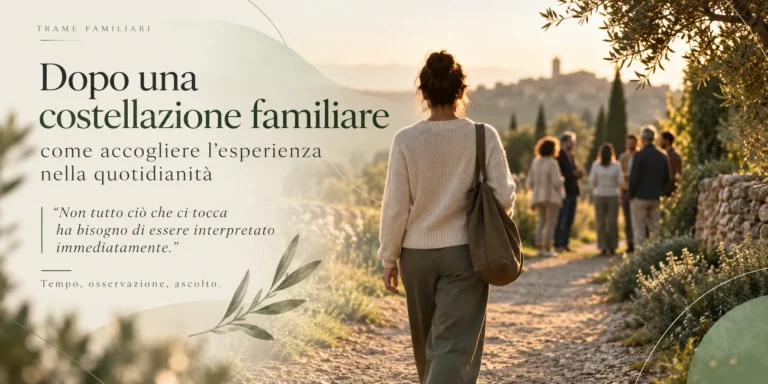 Una donna cammina su un sentiero al tramonto, mentre un gruppo di persone rimane sullo sfondo. Immagine dedicata all'esperienza dopo una costellazione familiare.