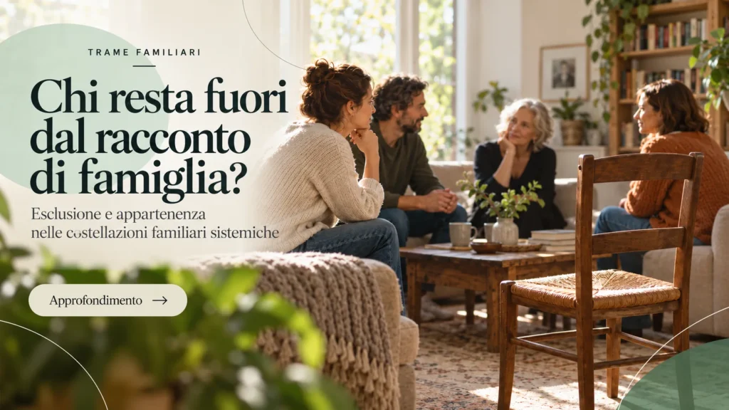 Gruppo di persone riunite in cerchio con una sedia vuota in primo piano, simbolo di esclusione e appartenenza nel sistema familiare.
