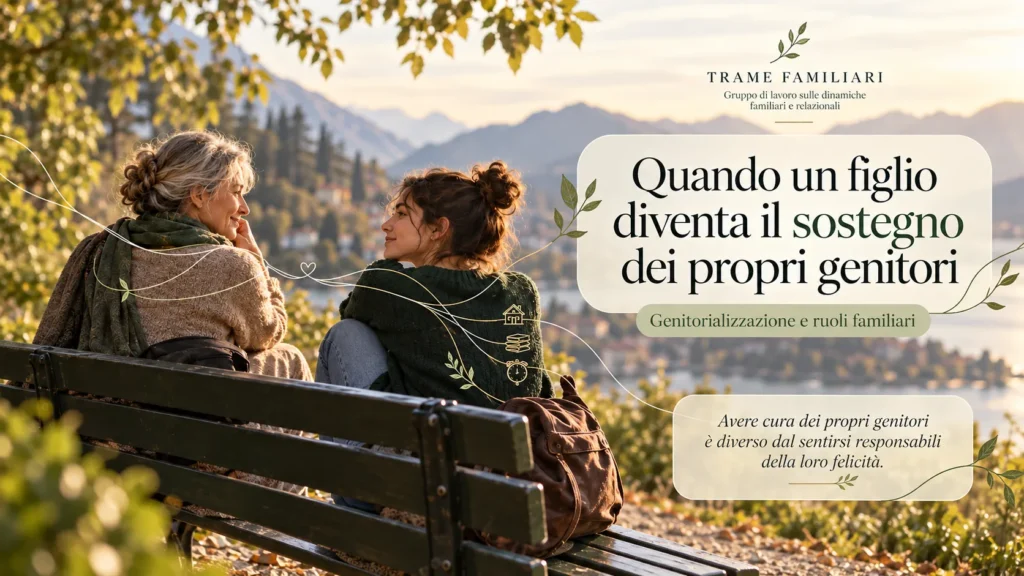 Illustrazione di un adulto e un giovane seduti su una panchina, uniti da fili simbolici che rappresentano i ruoli e le responsabilità familiari.
