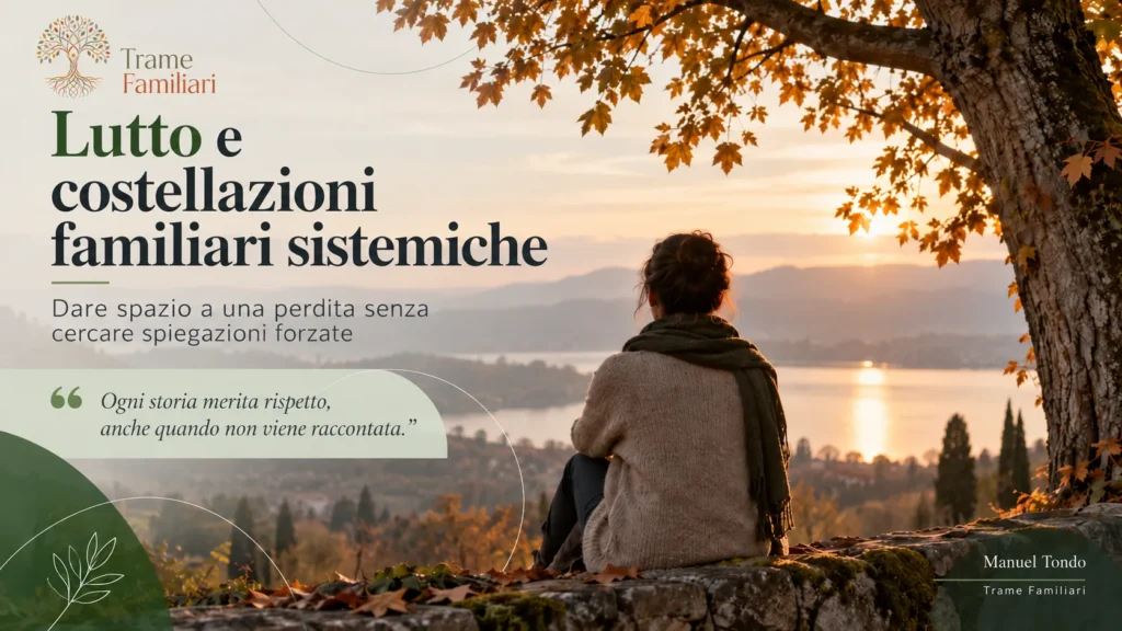 Una persona osserva un lago al tramonto sotto un albero autunnale, evocando il lutto, la memoria familiare e la riflessione nelle costellazioni familiari sistemiche.