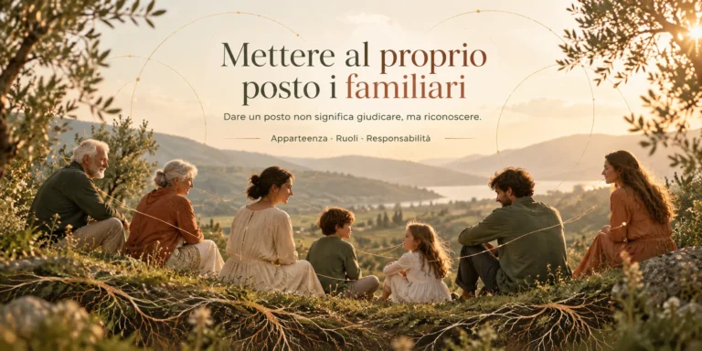 Illustrazione simbolica di figure familiari collegate da fili e radici, ognuna con un proprio posto nello spazio.