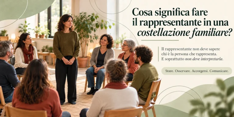 Donna in piedi al centro di un cerchio di partecipanti durante una rappresentazione di costellazioni familiari sistemiche.